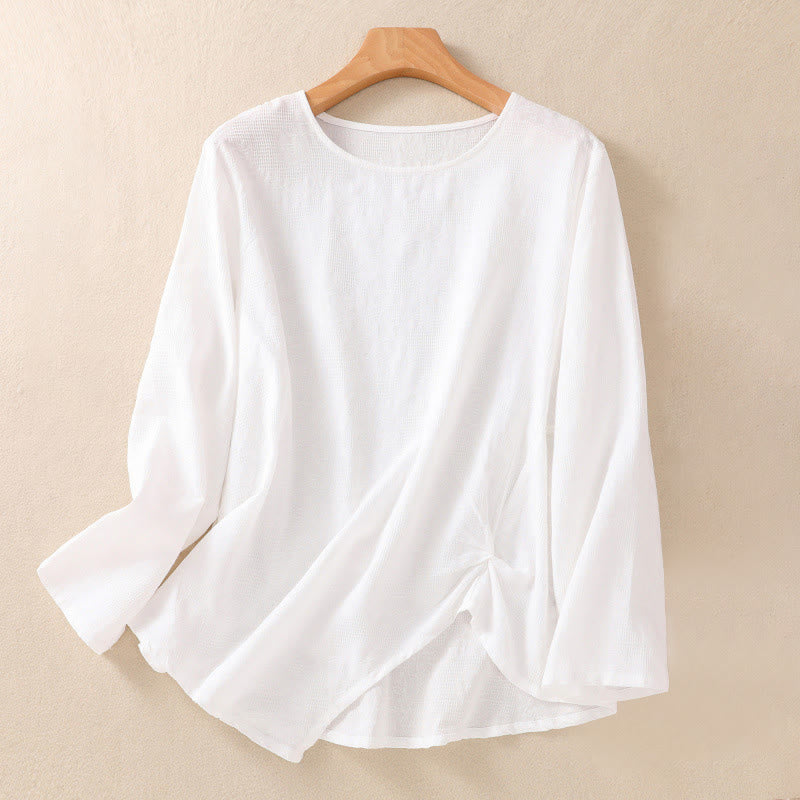 Buddha Stones Jacquard Irregular Hem Pleated Design Women's Cotton Long Sleeve Shirt - White - US8-10，UK/AU12-14，EU40-42 (2XL) - image 8