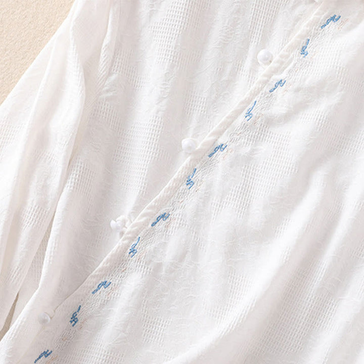 Buddha Stones Fall Embroidery Asymmetrical Design Frog-Button Women's Cotton Long Sleeve Shirt - image 11