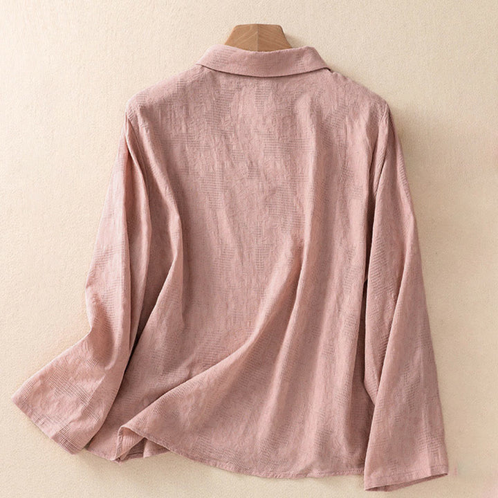 Buddha Stones Fall Embroidery Asymmetrical Design Frog-Button Women's Cotton Long Sleeve Shirt - image 15