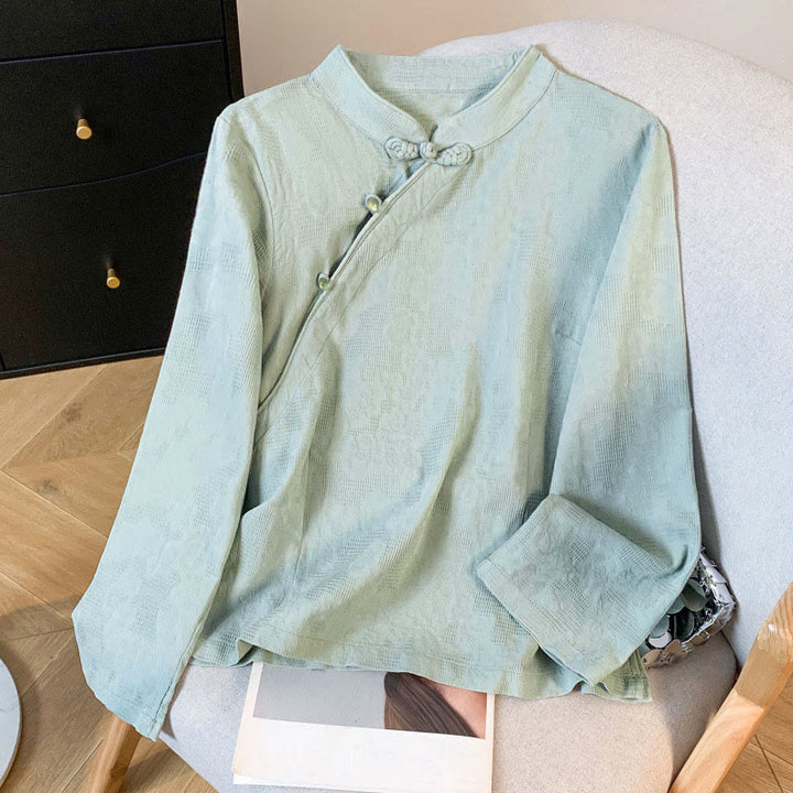 Buddha Stones Commute Jacquard Chinese Frog-Button Mandarin Collar Long Sleeve Women's Cotton Shirt - MediumAquamarine - US8-10，UK/AU12-14，EU40-42 (2XL) - image 0