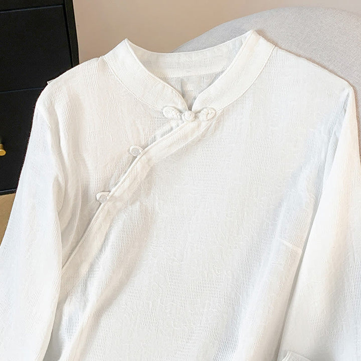 Buddha Stones Commute Jacquard Chinese Frog-Button Mandarin Collar Long Sleeve Women's Cotton Shirt - image 13