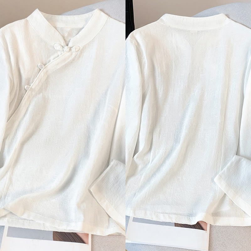 Buddha Stones Commute Jacquard Chinese Frog-Button Mandarin Collar Long Sleeve Women's Cotton Shirt - image 18