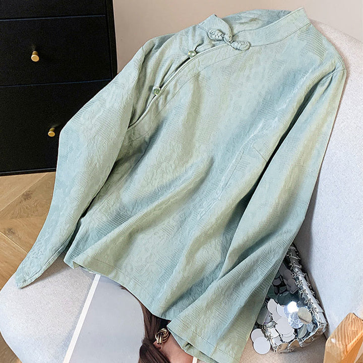 Buddha Stones Commute Jacquard Chinese Frog-Button Mandarin Collar Long Sleeve Women's Cotton Shirt - image 2