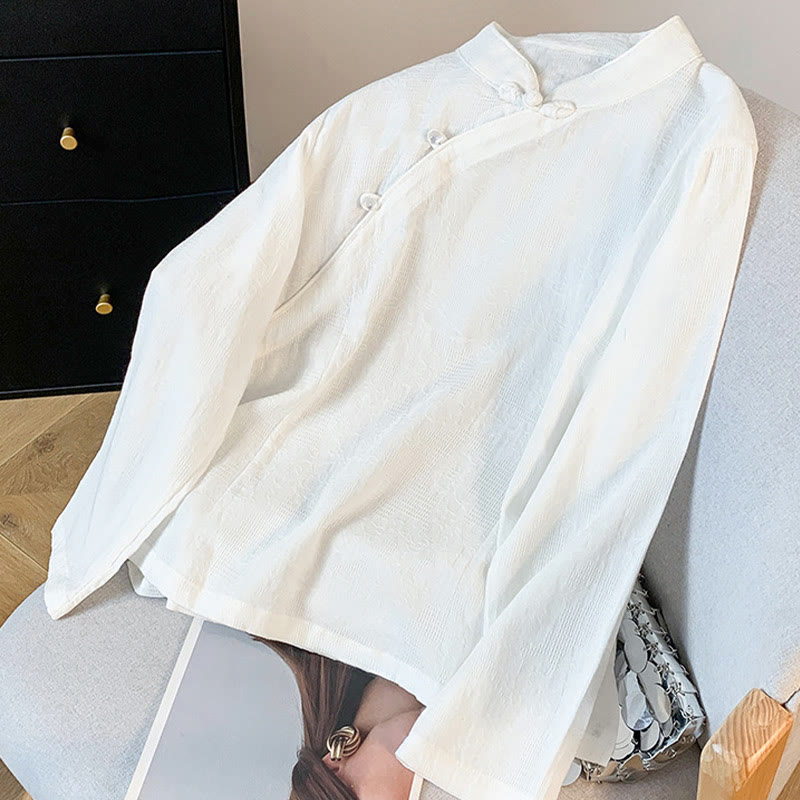 Buddha Stones Commute Jacquard Chinese Frog-Button Mandarin Collar Long Sleeve Women's Cotton Shirt - image 12