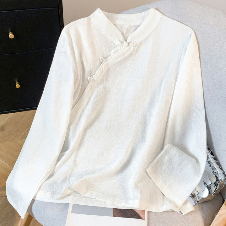 Buddha Stones Commute Jacquard Chinese Frog-Button Mandarin Collar Long Sleeve Women's Cotton Shirt - White - US8-10，UK/AU12-14，EU40-42 (2XL) - image 10