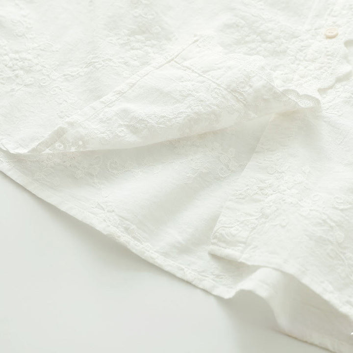 Buddha Stones Fall Ruffled Collar Embroidered Relief Flower Buttons Women's Cotton Long Sleeve Shirt - image 10