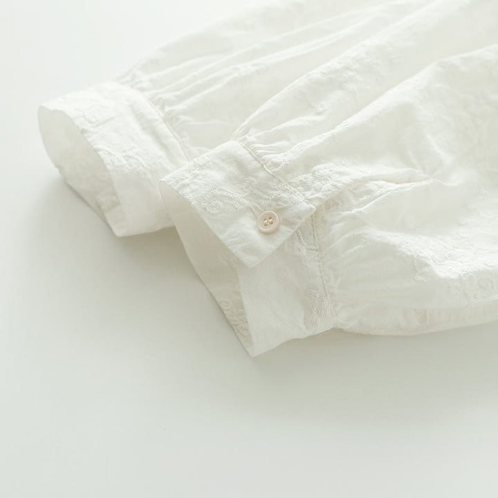 Buddha Stones Fall Ruffled Collar Embroidered Relief Flower Buttons Women's Cotton Long Sleeve Shirt - image 8