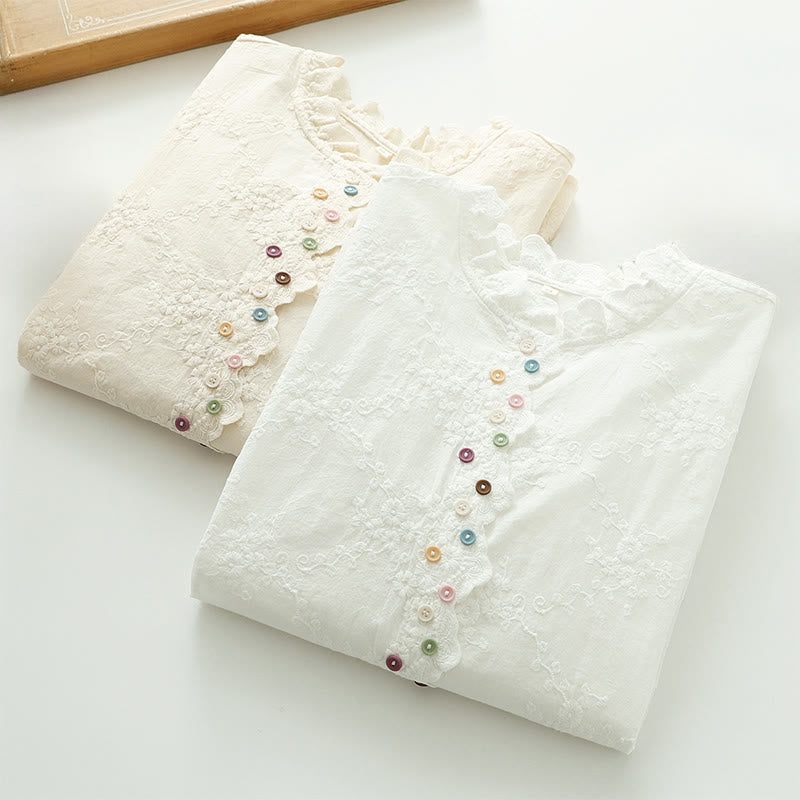 Buddha Stones Fall Ruffled Collar Embroidered Relief Flower Buttons Women's Cotton Long Sleeve Shirt - image 12