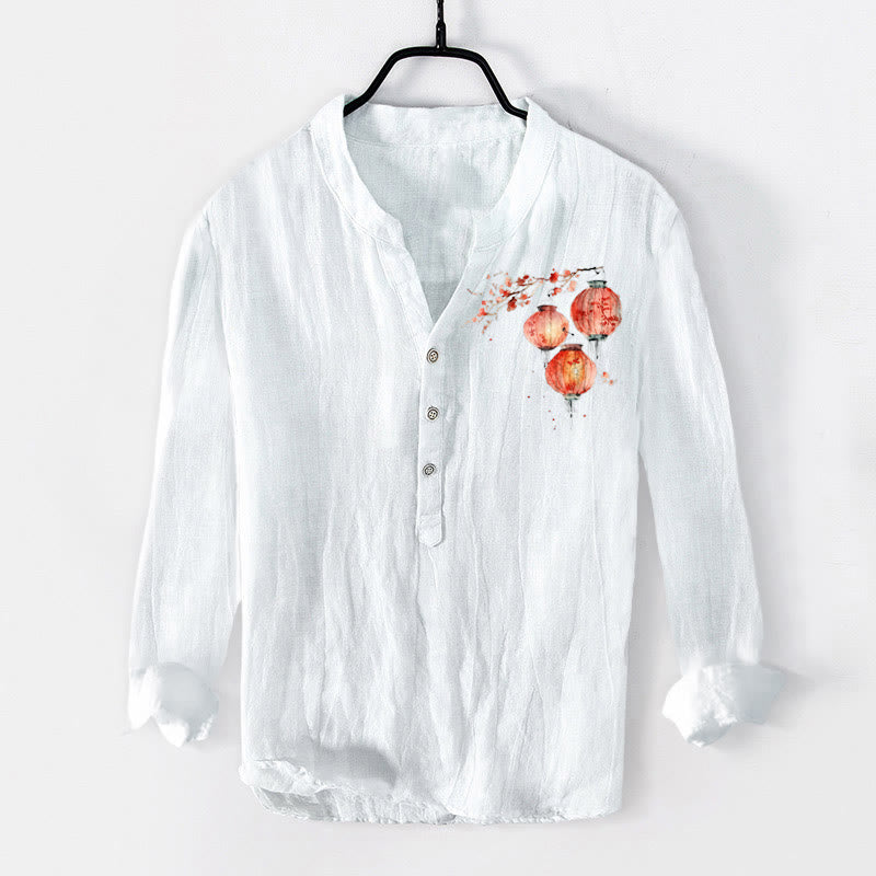 Buddha Stones Simple Red Flower Lantern Pattern Half Buttons Men's Cotton Linen Long Sleeve Shirt - White - US/UK/AU50，EU60 (5XL) - image 3