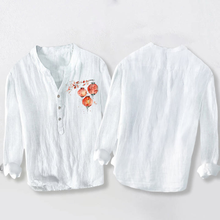 Buddha Stones Simple Red Flower Lantern Pattern Half Buttons Men's Cotton Linen Long Sleeve Shirt - image 5