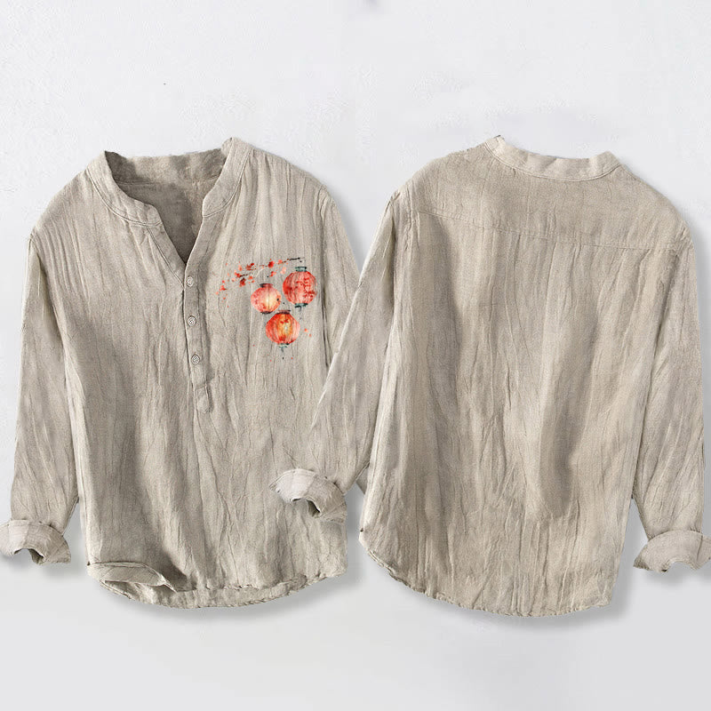 Buddha Stones Simple Red Flower Lantern Pattern Half Buttons Men's Cotton Linen Long Sleeve Shirt - image 8
