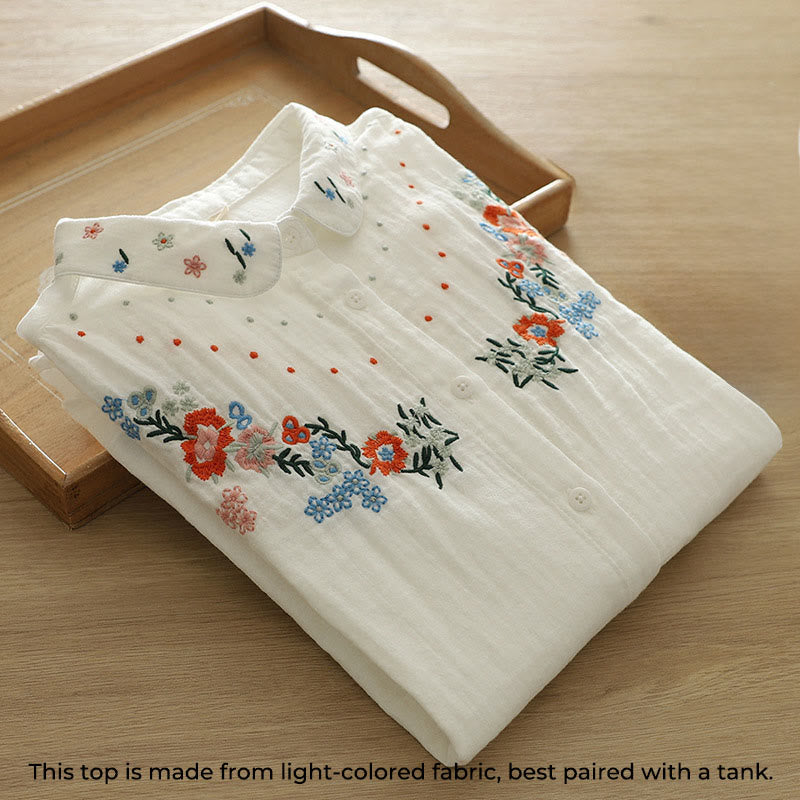 Buddha Stones Fall White Colorful Floral Embroidery Buttons Women's Cotton Long Sleeve Shirt - image 3