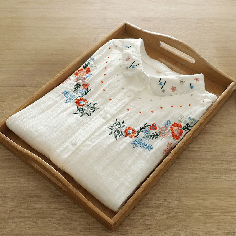 Buddha Stones Fall White Colorful Floral Embroidery Buttons Women's Cotton Long Sleeve Shirt - image 5