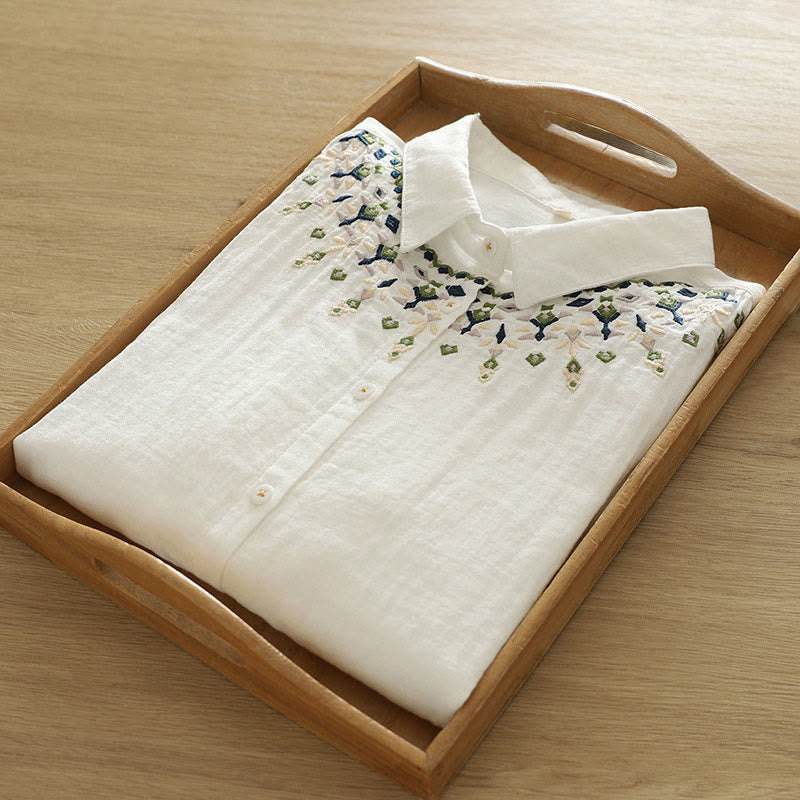 Buddha Stones Fall White Geometric Embroidery Buttons Women's Cotton Long Sleeve Shirt - image 5