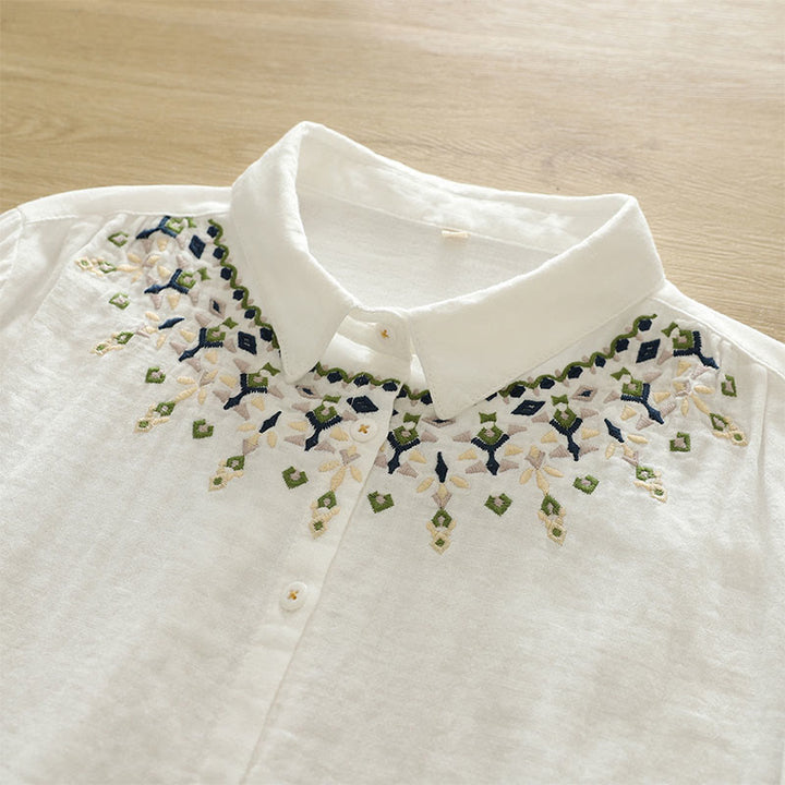 Buddha Stones Fall White Geometric Embroidery Buttons Women's Cotton Long Sleeve Shirt - image 6