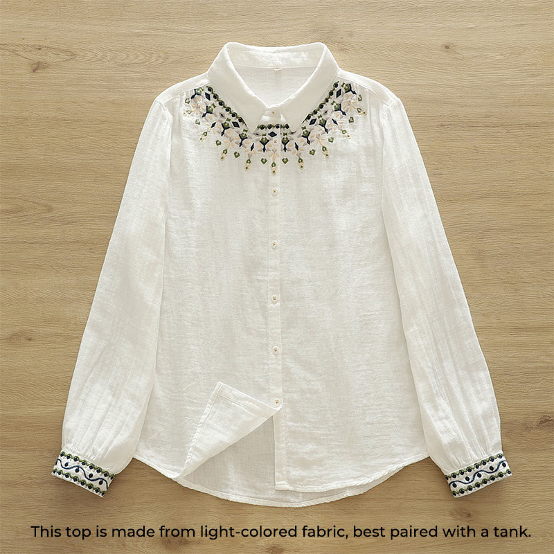 Buddha Stones Fall White Geometric Embroidery Buttons Women's Cotton Long Sleeve Shirt - image 1