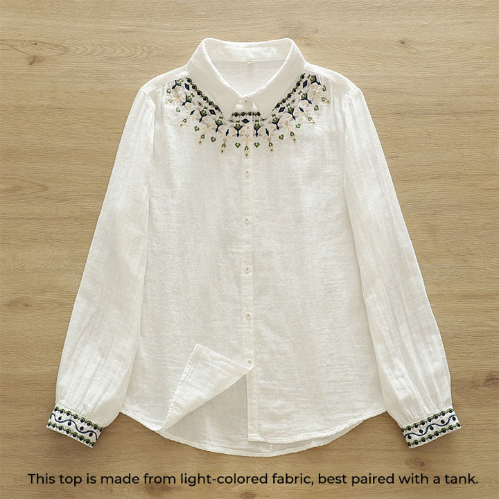 Buddha Stones Fall White Geometric Embroidery Buttons Women's Cotton Long Sleeve Shirt - image 1
