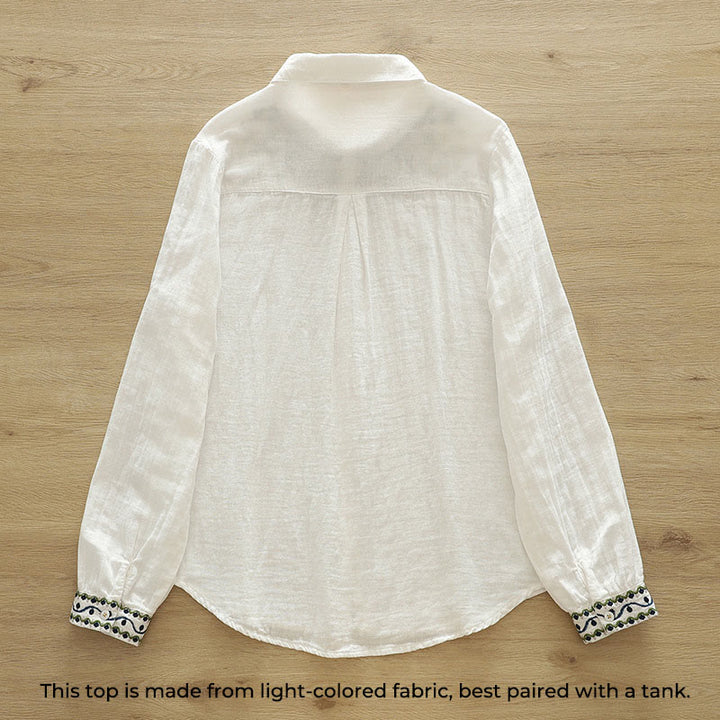Buddha Stones Fall White Geometric Embroidery Buttons Women's Cotton Long Sleeve Shirt - image 2
