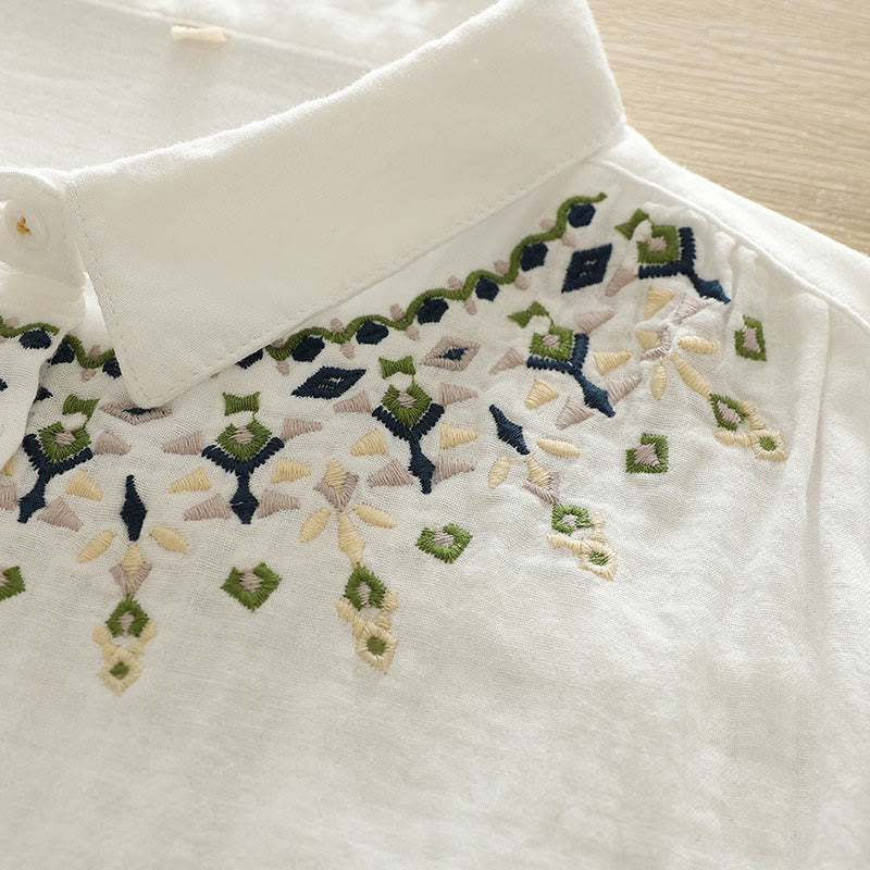 Buddha Stones Fall White Geometric Embroidery Buttons Women's Cotton Long Sleeve Shirt - image 7