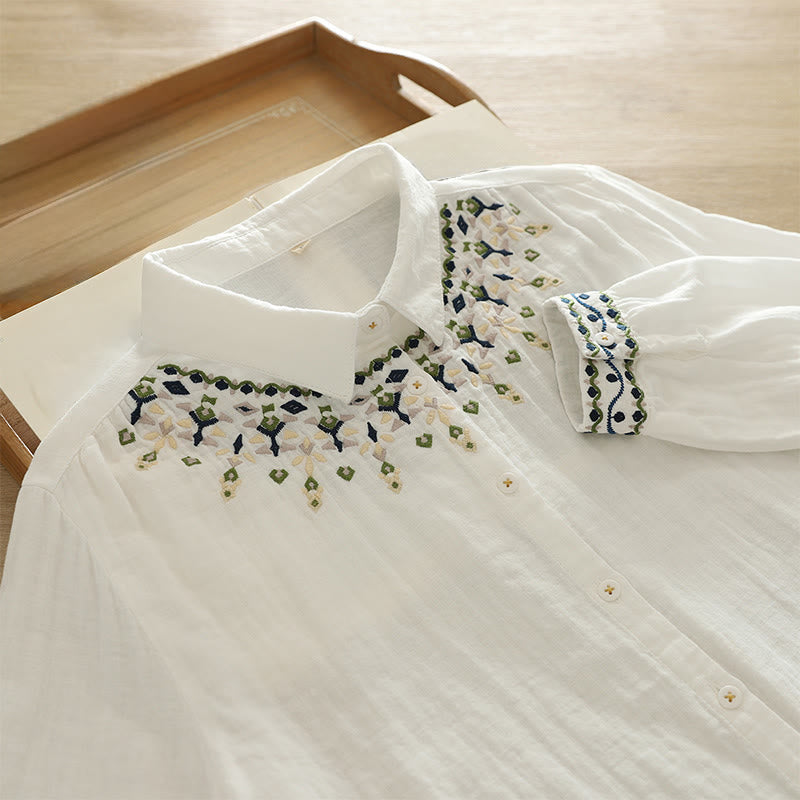 Buddha Stones Fall White Geometric Embroidery Buttons Women's Cotton Long Sleeve Shirt - White - US4，UK/AU8，EU36 (L) - image 0