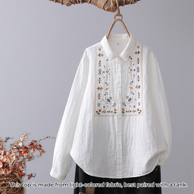 Buddha Stones Fall White Geometric Striped Flower Embroidery Button Women's Cotton Long Sleeve Shirt - White Geometric - US4，UK/AU8，EU36 (L) - image 9