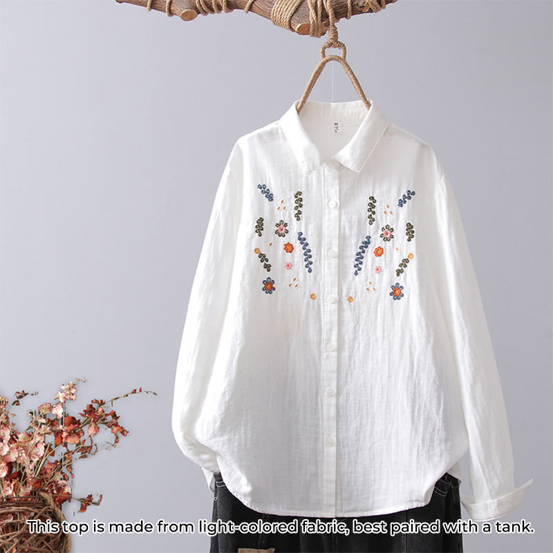 Buddha Stones Fall White Geometric Striped Flower Embroidery Button Women's Cotton Long Sleeve Shirt - White Colorful Flower - US4，UK/AU8，EU36 (L) - image 12