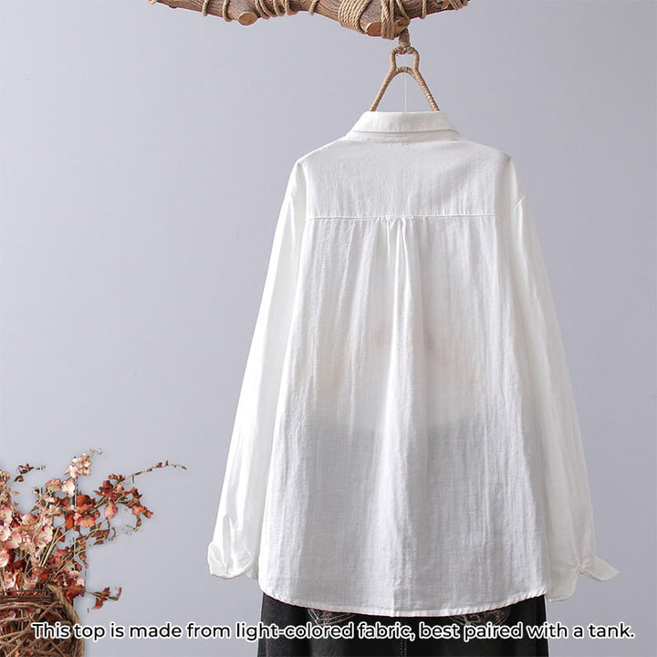 Buddha Stones Fall White Geometric Striped Flower Embroidery Button Women's Cotton Long Sleeve Shirt - image 1