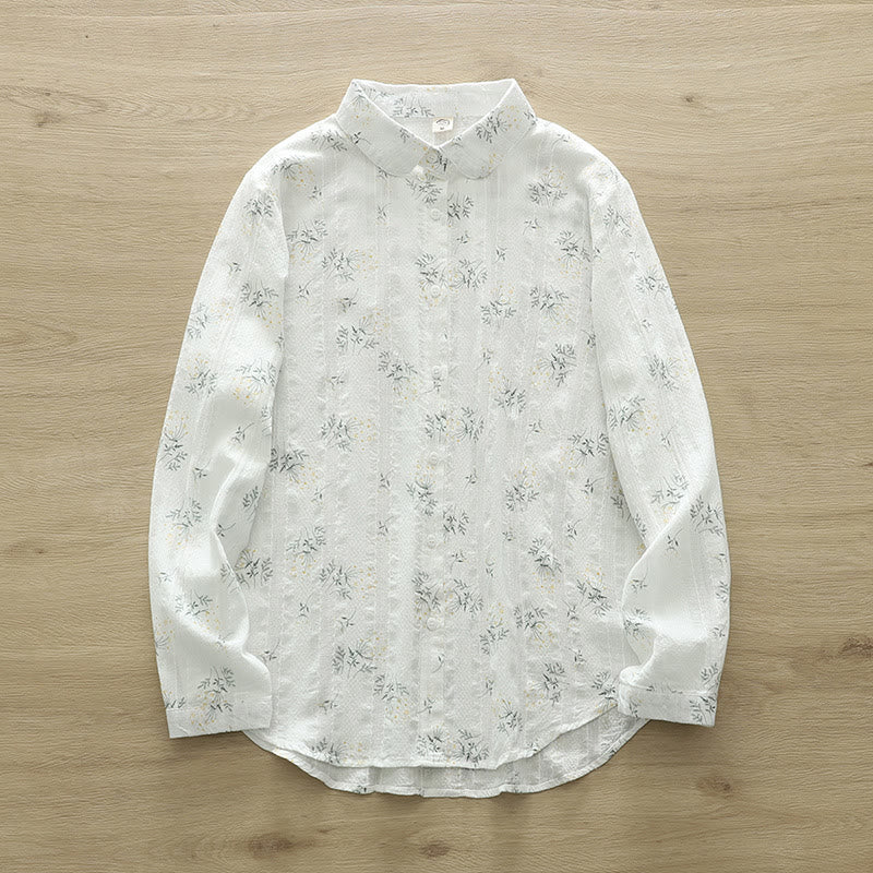 Buddha Stones Fall White Yellow Flowers Green Leaves Buttons Women's Cotton Long Sleeve Shirt - White - US6，UK/AU10，EU38 (XL) - image 1