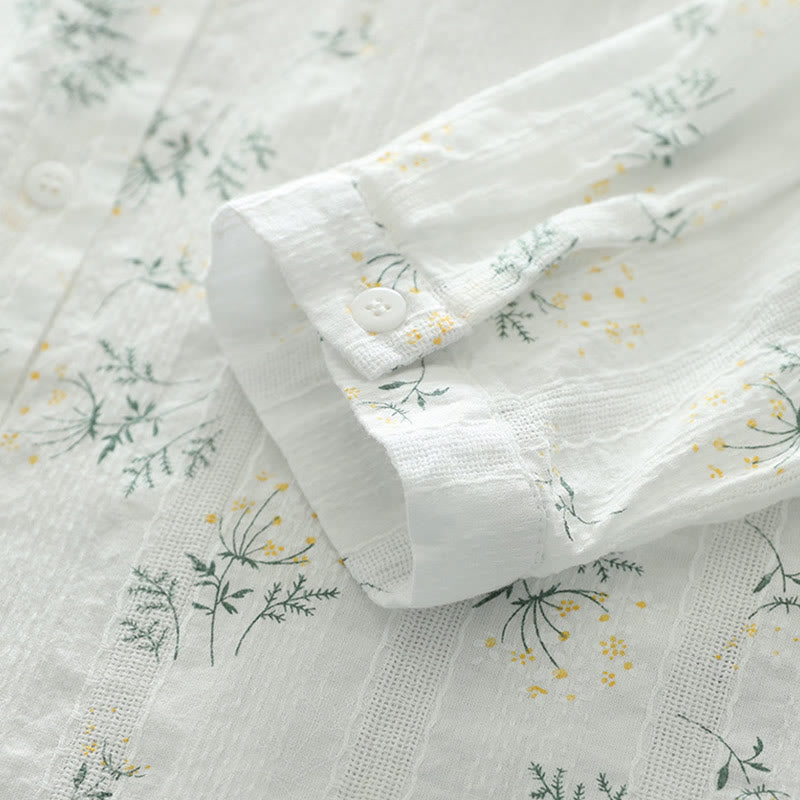 Buddha Stones Fall White Yellow Flowers Green Leaves Buttons Women's Cotton Long Sleeve Shirt - image 7