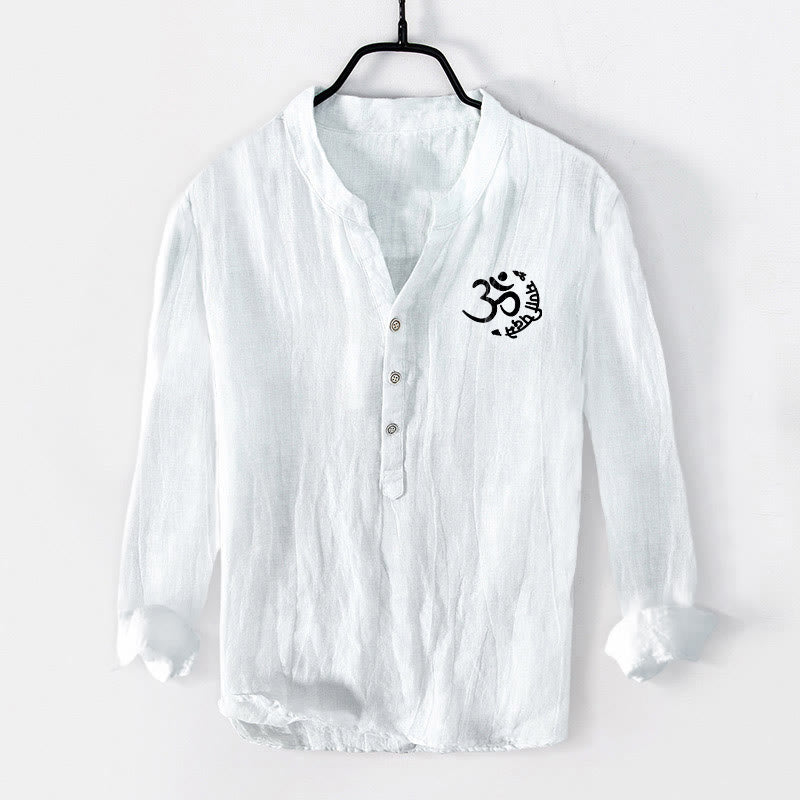Buddha Stones Om Symbol Mantra Lotus Pattern Half Buttons Men's Cotton Linen Long Sleeve Shirt - image 7
