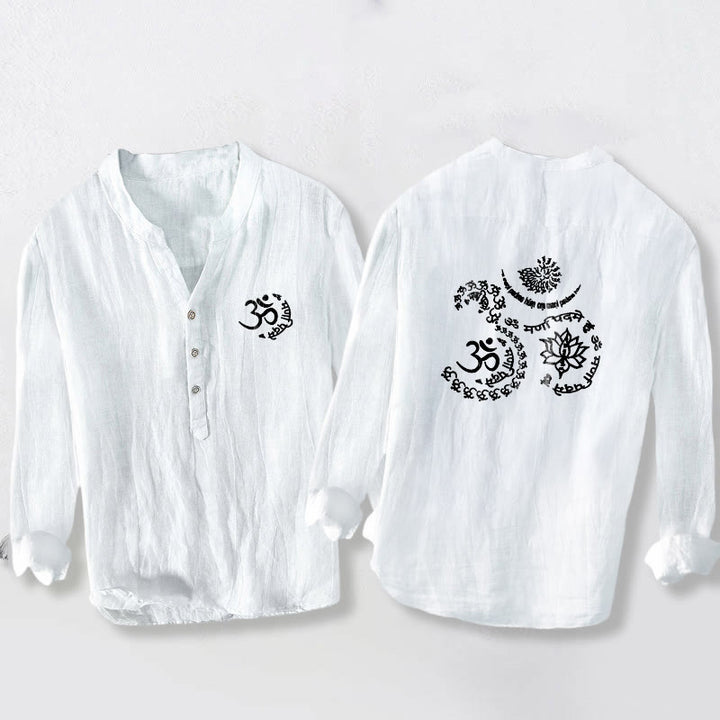 Buddha Stones Om Symbol Mantra Lotus Pattern Half Buttons Men's Cotton Linen Long Sleeve Shirt - White - US/UK/AU50，EU60 (5XL) - image 6