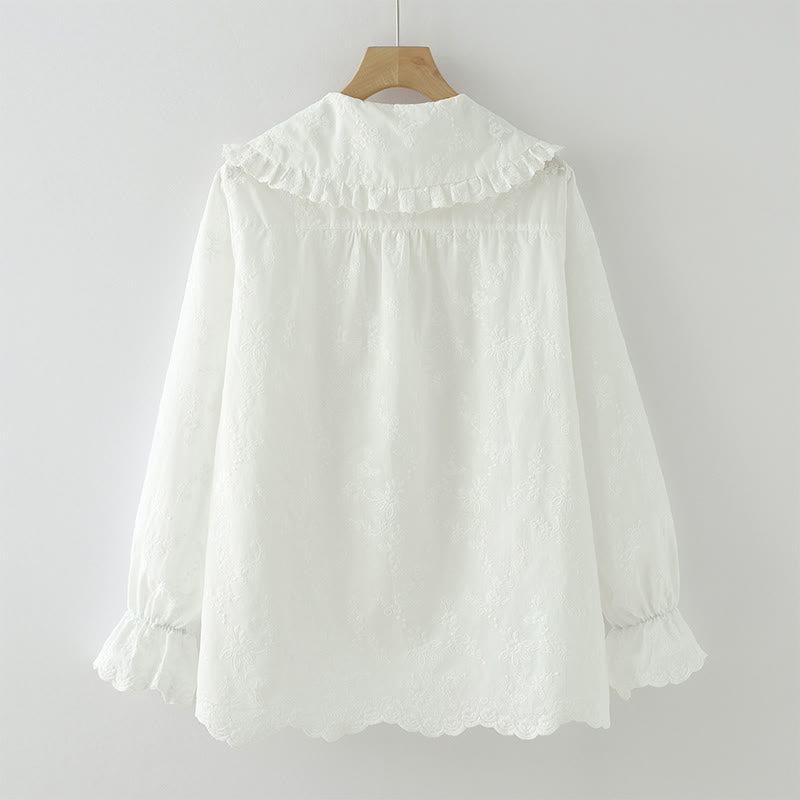 Buddha Stones Fall White Floral Embroidery Peter Pan Collar Buttons Women's Cotton Long Sleeve Shirt - image 3