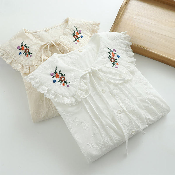 Buddha Stones Fall White Floral Embroidery Peter Pan Collar Buttons Women's Cotton Long Sleeve Shirt - image 10