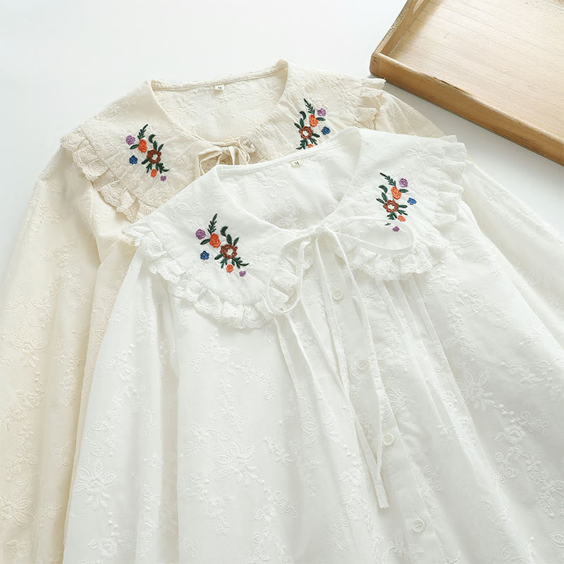 Buddha Stones Fall White Floral Embroidery Peter Pan Collar Buttons Women's Cotton Long Sleeve Shirt - image 12