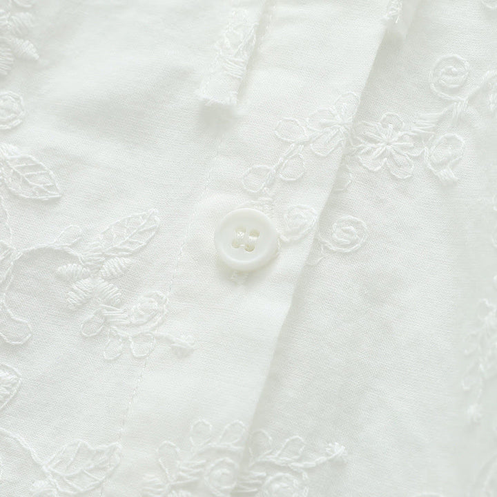 Buddha Stones Fall White Floral Embroidery Peter Pan Collar Buttons Women's Cotton Long Sleeve Shirt - image 7