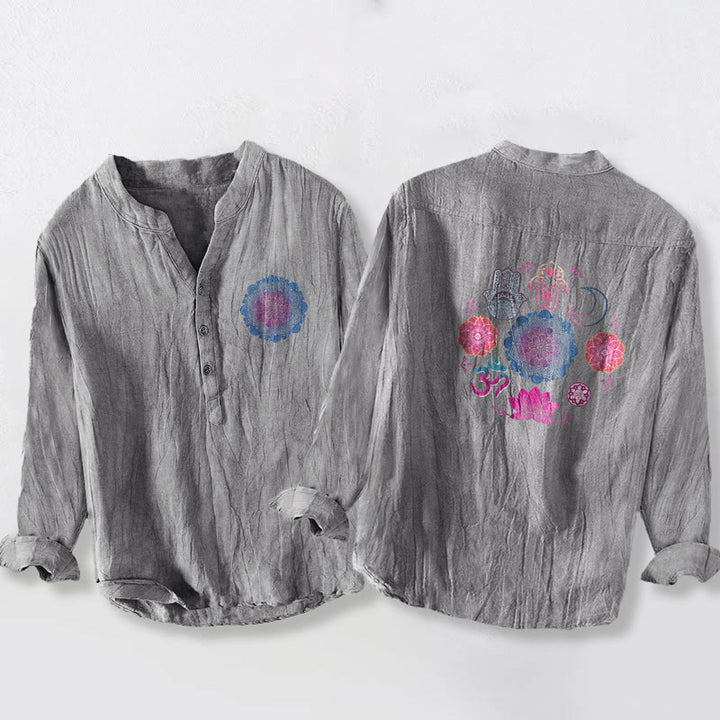 Buddha Stones Mandala Om Lotus Hamsa's Hands Half Buttons Men's Cotton Linen Long Sleeve Shirt - Gray - US/UK/AU50，EU60 (5XL) - image 6