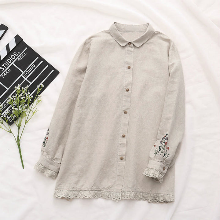 Buddha Stones Fall Beige Floral Grass Embroidery Buttons Women's Cotton Long Sleeve Shirt - image 2