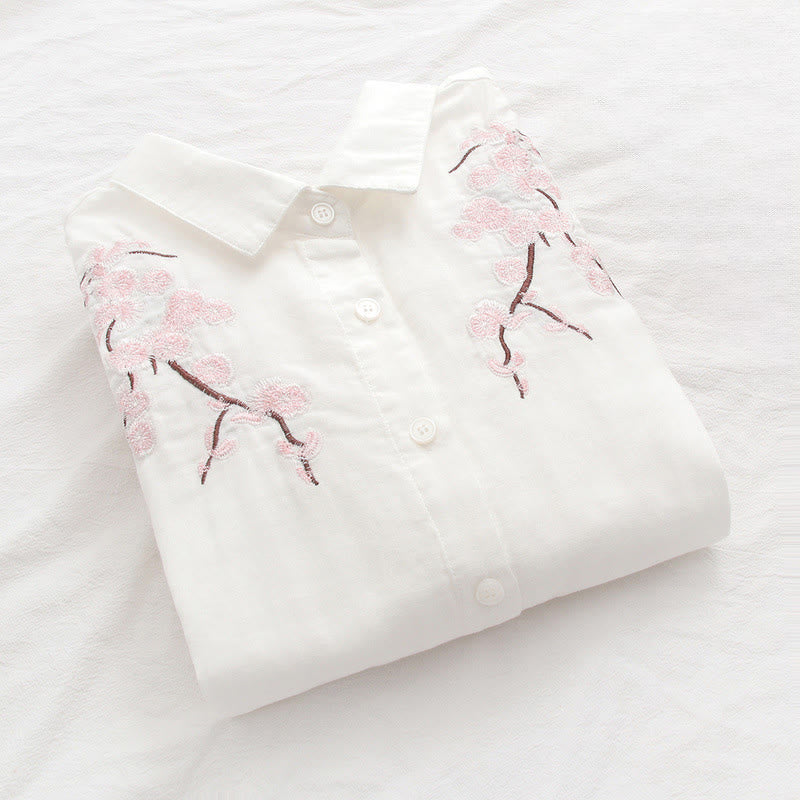 Buddha Stones Fall Pink Plum Blossoms Embroidery Buttons Women's Cotton Long Sleeve Shirt - image 6