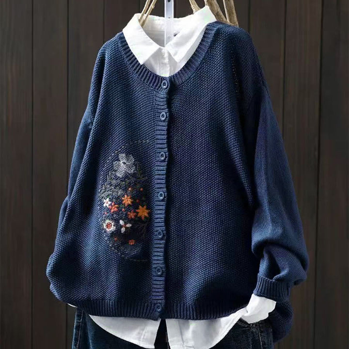Buddha Stones Floral Embroidery Buttons Cotton Women's Long Sleeve Knitted Cardigan Sweater - SteelBlue - US4-6，UK/AU8-10，EU36-38 (F) - image 0