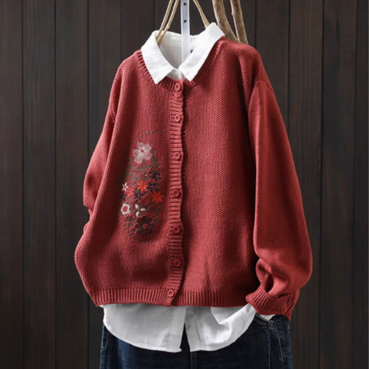 Buddha Stones Floral Embroidery Buttons Cotton Women's Long Sleeve Knitted Cardigan Sweater - Tomato - US4-6，UK/AU8-10，EU36-38 (F) - image 18