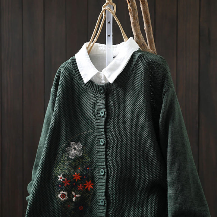 Buddha Stones Floral Embroidery Buttons Cotton Women's Long Sleeve Knitted Cardigan Sweater - image 23