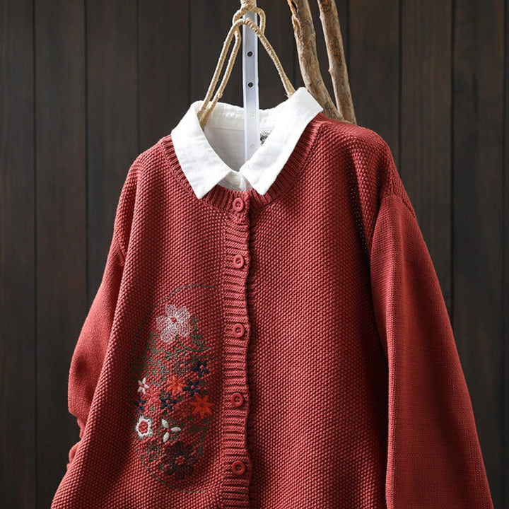Buddha Stones Floral Embroidery Buttons Cotton Women's Long Sleeve Knitted Cardigan Sweater - image 19