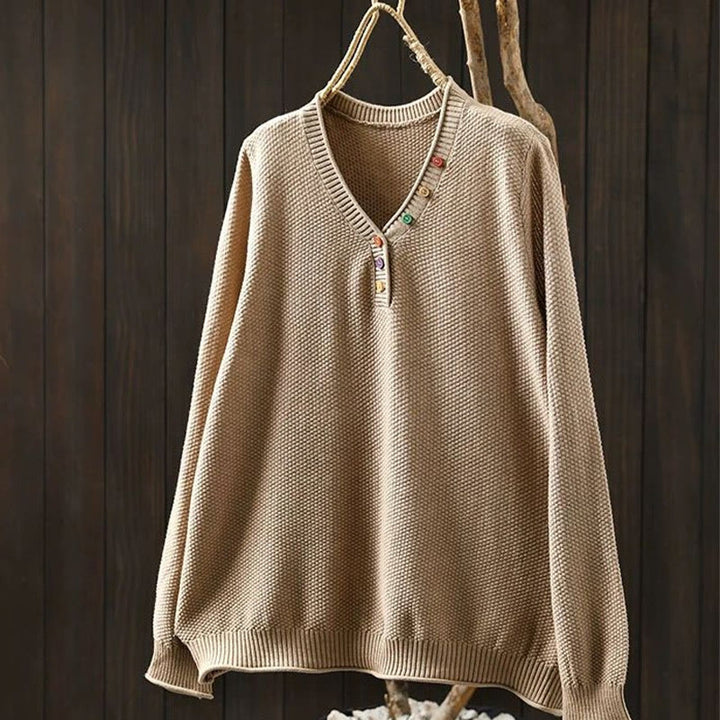 Buddha Stones Fall Colorful Buttons V-Neck Cotton Women's Long Sleeve Knitted Sweater - Bisque - US4-6，UK/AU8-10，EU36-38 (F) - image 15