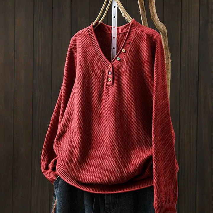 Buddha Stones Fall Colorful Buttons V-Neck Cotton Women's Long Sleeve Knitted Sweater - Red - US4-6，UK/AU8-10，EU36-38 (F) - image 13