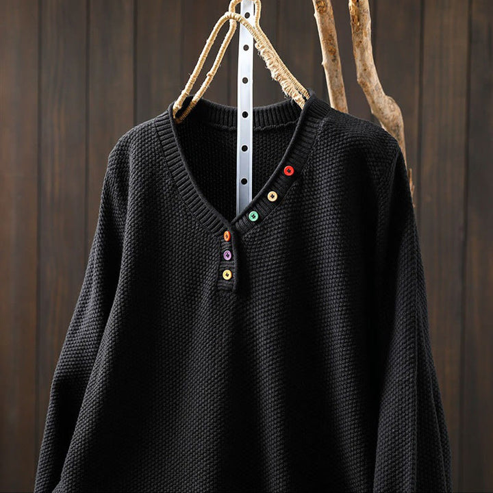 Buddha Stones Fall Colorful Buttons V-Neck Cotton Women's Long Sleeve Knitted Sweater - image 20