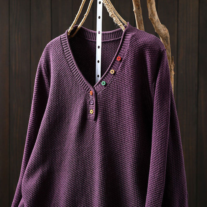 Buddha Stones Fall Colorful Buttons V-Neck Cotton Women's Long Sleeve Knitted Sweater - image 12