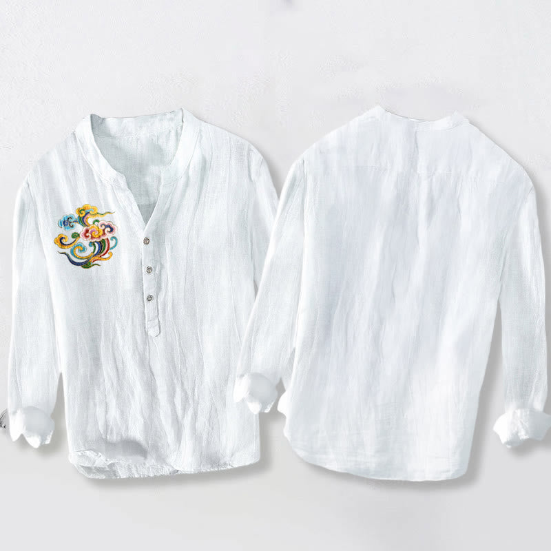 Buddha Stones Colorful Auspicious Clouds Pattern Half Buttons Men's Cotton Linen Long Sleeve Shirt - image 8