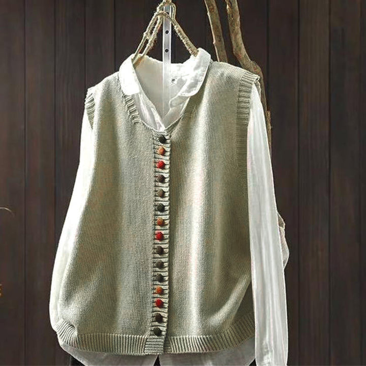 Buddha Stones Colorful Buttons Women's Sleeveless Cotton Knitted Vest Waistcoat - Linen - US4-6，UK/AU8-10，EU36-38 (F) - image 1