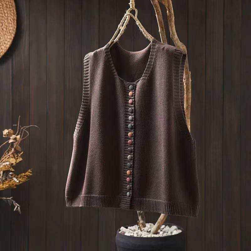 Buddha Stones Colorful Buttons Women's Sleeveless Knitted Vest Waistcoat - SaddleBrown - US4-6，UK/AU8-10，EU36-38 (F) - image 3