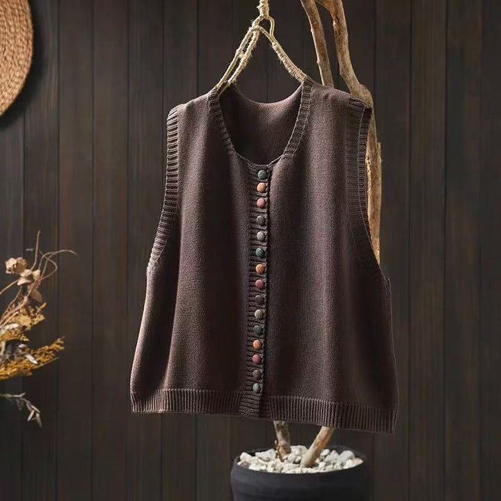Buddha Stones Colorful Buttons Women's Sleeveless Knitted Vest Waistcoat - SaddleBrown - US4-6，UK/AU8-10，EU36-38 (F) - image 3